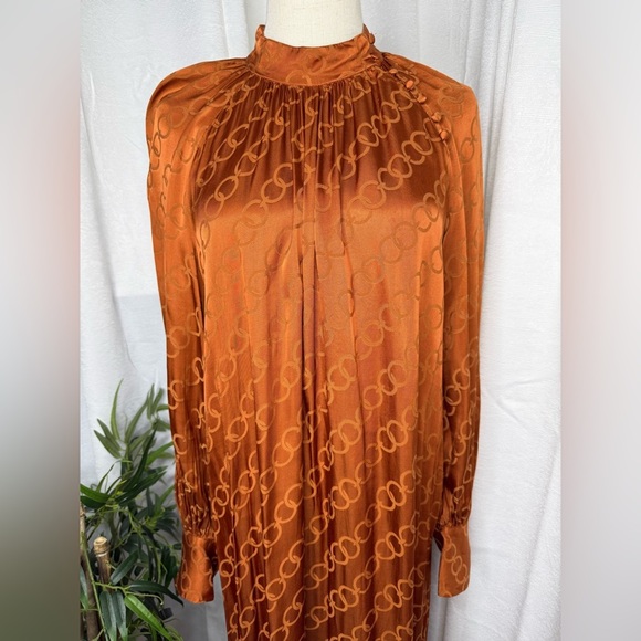 MANGO Women’s Mock-neck Long Sleeve Flowy Long Dress in Copper Sz M - Picture 4 of 13